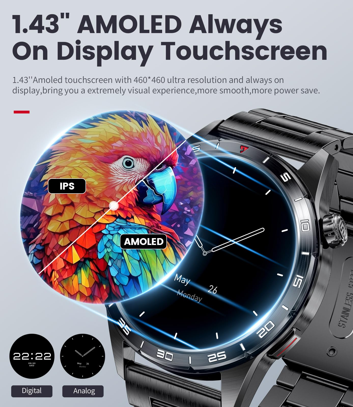 Smart Watch For Men,Answer/Make Calls,1.43 ' ' Amoled,Ip68 Waterproof,110+ Sports Modes Fitness Watch With Sleep Monitor/Spo2/He